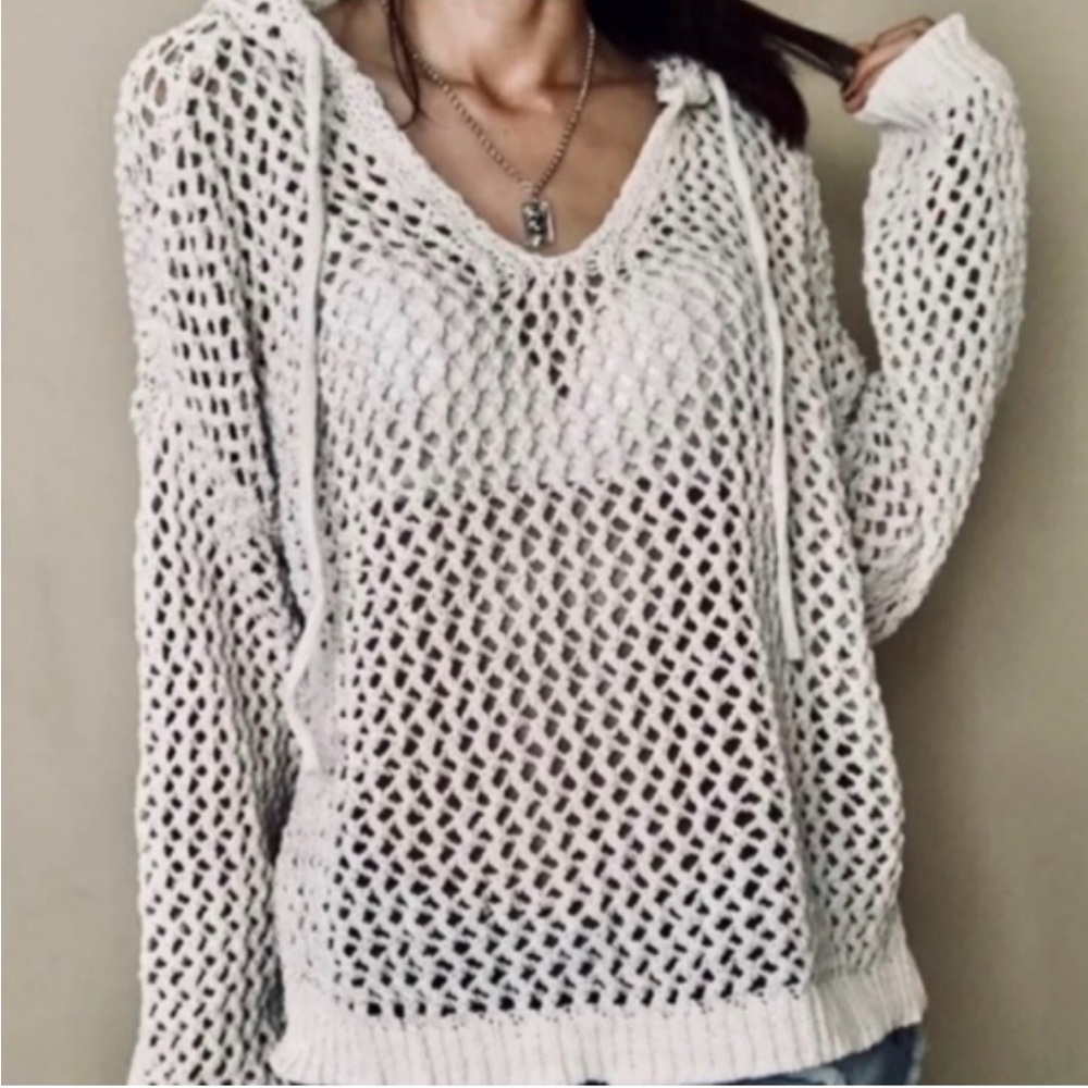 Artelier Nicole Miller Ivory Open Knit Crochet Hoodie Size L